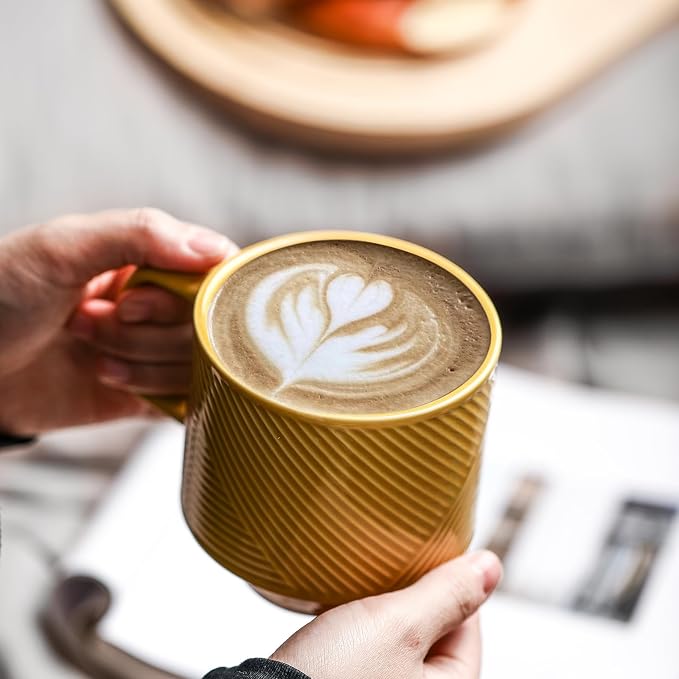 Stackable Coffee Mugs with Rack: 13 oz Stacking Ceramic Cups with Stand - Porcelain Stacked Tea Mug Set of 4(Mustard Yellow)