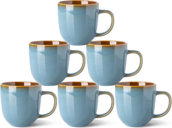 LERATIO Ceramic Coffee Mugs Set of 6,12oz Handmade Coffee Mugs Set with Large Handle for Cappuccino/Latte/Tea/Hot Cocoa,Dishwasher & Microwave Safe-Ocean Blue