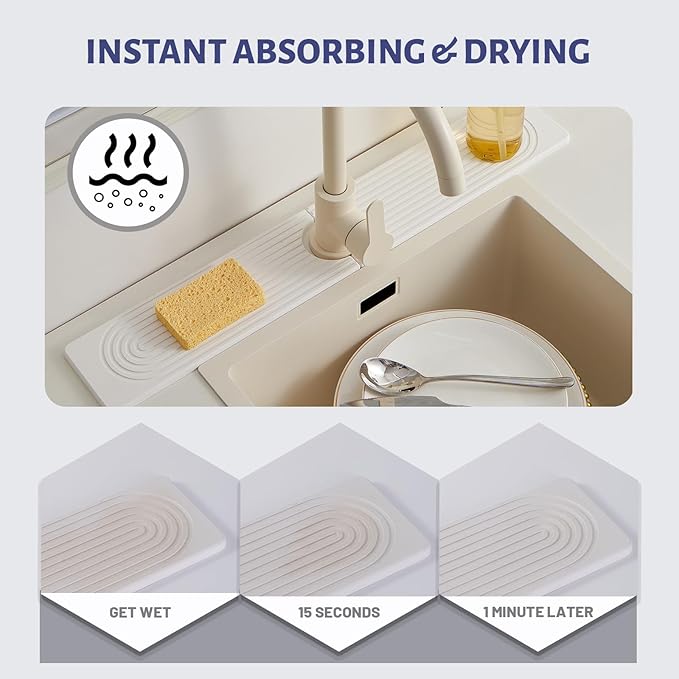 Stone Faucet Mat for Kitchen Sink, Faucet Mat Fast Drying Diatomite, Sink Splash Guard Water Absorbing Stone Tray for Sink, Counter Protector for Kitchen & Bathroom