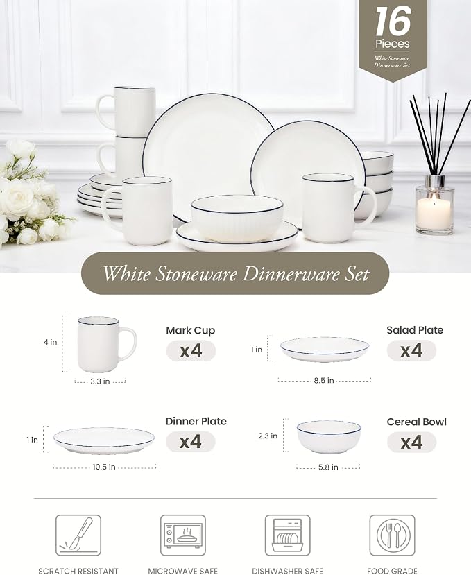 OTAGO 16-Piece Dinnerware Set for 4 with 4 Mugs, White with blue rim Stoneware Plates and Bowls Sets, Ceramic Dish Set for Kitchen, Dinner & Dining, Blue Rim, Microwave & Dishwasher Safe