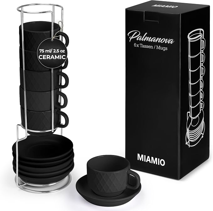 MIAMIO - 6 x 2.5 oz Stoneware Espresso Mug, Cup Set Modern with Stand and Saucers - Palmanova Collection (Black)