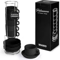 MIAMIO - 6 x 2.5 oz Stoneware Espresso Mug, Cup Set Modern with Stand and Saucers - Palmanova Collection (Black)