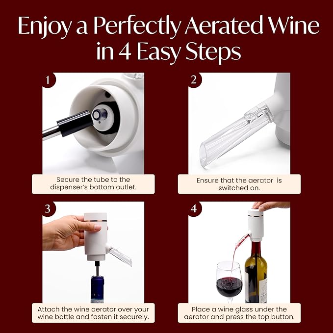 Vin Fresco Electric Wine Dispenser and Red Wine Aerator - One Button Electric Wine Aerator - Built in Wine Pourer Spout Aerator - Pumps and Dispenses Wine, Fits Most Bottles (White & Rose Gold)