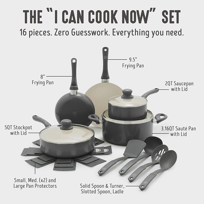 GreenLife 16-Piece Nonstick Cookware Set, Non-Toxic Ceramic Pots and Pans Set, Durable Healthy Kitchen Essentials, Fast Heating, Induction Ready, Easy Clean Dishwasher Safe, PFAS-Free, Graphite Black