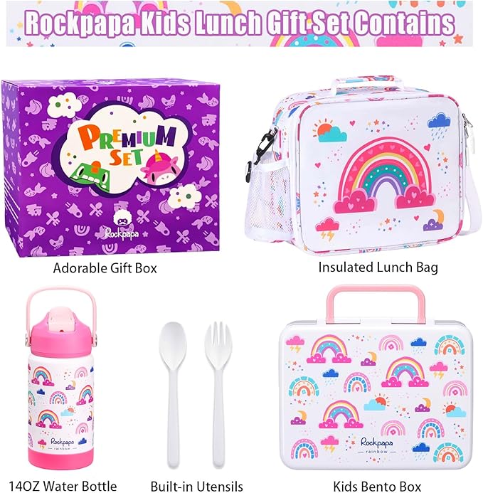 rockpapa Kids Lunch Box Set with 14oz Insulated Water Bottle & Lunch Bag, Leakproof 5.5 Cups Bento Box for School & Children, BPA-Free, Microwave Safe for Boys Girls (White Rainbow)
