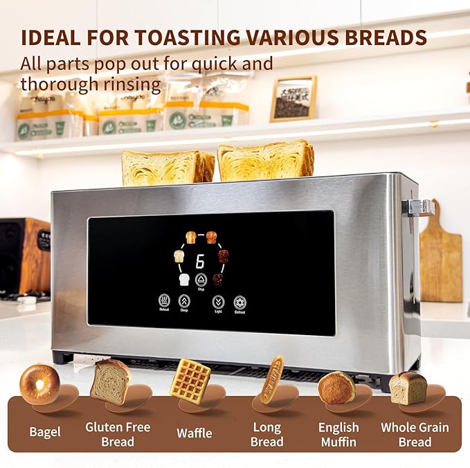 Touch Screen Toaster with Defrost & Removable Tray, 2 Slice Slim Toaster with Long Slot for White Bread, 6 Browning Levels, 1200W Compact Stainless Steel