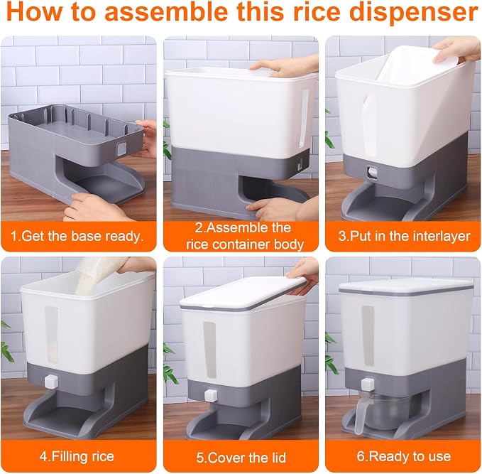 Mity rain Rice Dispenser 20 Lbs with Moisture Absorbing Clay, Rice Storage Container with Measuring Cup, 12 L Cereal Containers Storage Airtight for Kitchen Pantry Organization Gray