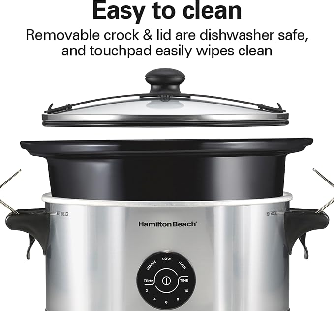Hamilton Beach 7 Quart Stay or Go Portable Programmable Slow Cooker | 15 Cooking Options | Clip-Tight Glass Lid For Easy Travel | Dishwasher Safe Stoneware Crock | Silver
