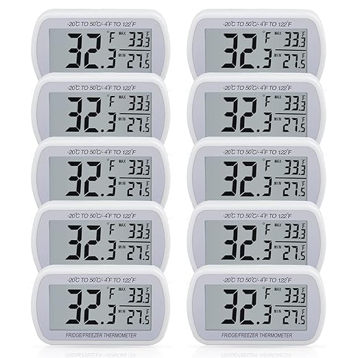 AEVETE 10 Pack Waterproof Digital Refrigerator Thermometer Large LCD, Freezer Room Thermometer with Magnetic Back, No Frills Easy to Read