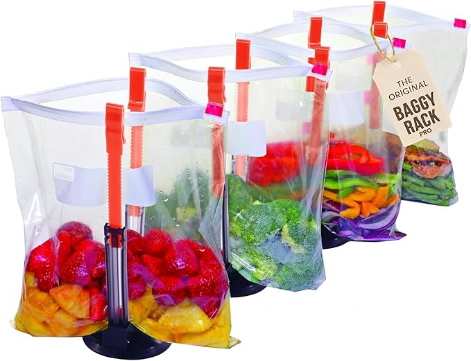 Jokari Suction Cup Fortified Baggy Rack 4 Pack For More Stability When Filling Plastic Freezer Storage Zip Lock Bags. Sturdy Clips Hold Containers Open to Pour Leftovers and Meal Prep Ingredients.