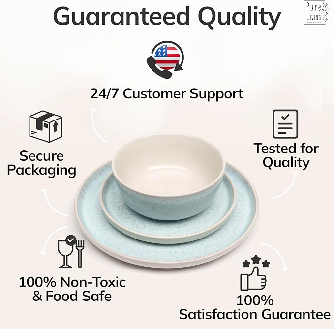 12 Piece Stoneware Dinnerware Set for 4 - Handmade Reactive Glaze Plates and Bowls Set - Chip & Scratch Resistant Dish Set - Dishwasher Microwave Safe - Light Beige & Blue
