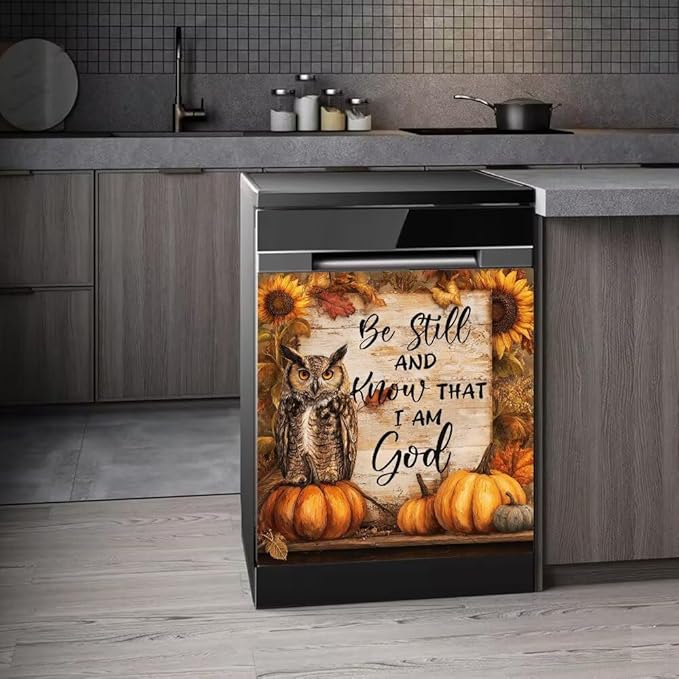 Owl Dishwasher Door Front Magnetic Cover,Pumpkin Magnet Sticker Sunflower Refrigerator Panel Decal,Christian Halloween Dishwasher Decoration Front Door Cover,Home Appliance Sticker,23"x17"