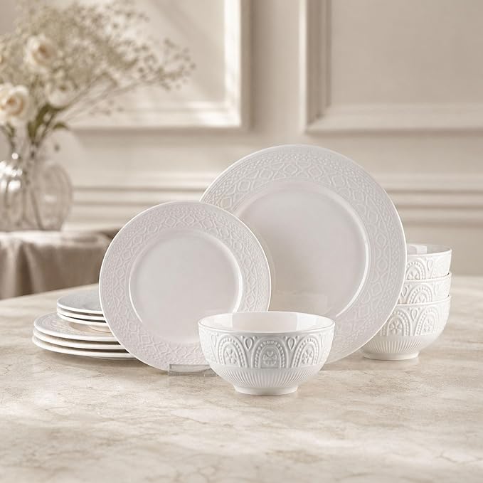 12-Piece Ceramic Dinnerware Set for 4, Athens Palace Relief Dishes and Plates Sets, Includes Plates and Bowls, Elegant High-Temperature Reinforced Porcelain, White