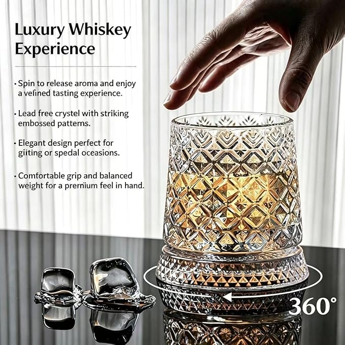 Rotating Whiskey Glasses 2-Pack – 10oz Glowing Spinning Whiskey Glasses, 360° Tumbler for Stress Relief, Heavy Anti-Slip Base, for Bourbon, Scotch, Cocktails, Unique Gifts for Men Dad Husband