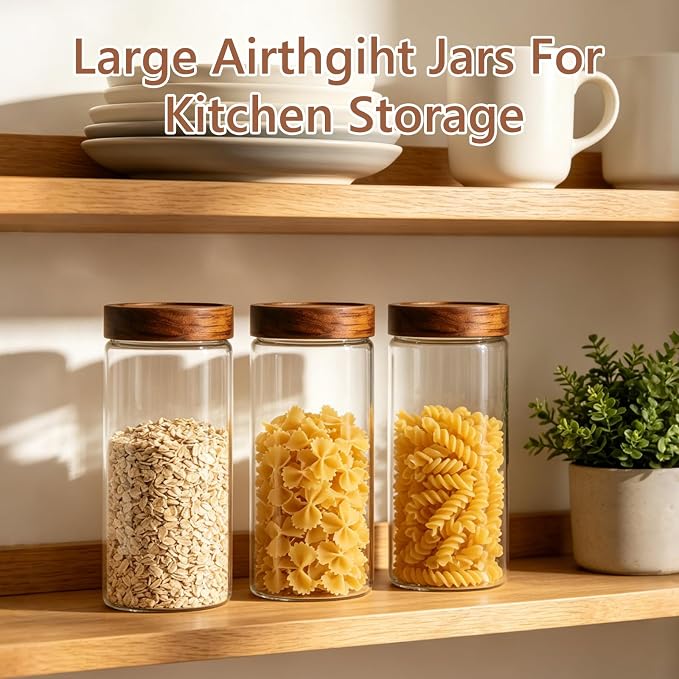 KEYWING 46 fl.oz Glass Storage Jars with Lids, 3 Pack Food Storage Containers For Pantry Organization, Kitchen Airtight Round Canister Set for Cookie, Rice, Flour, Sugar, Snack, Coffee Bean