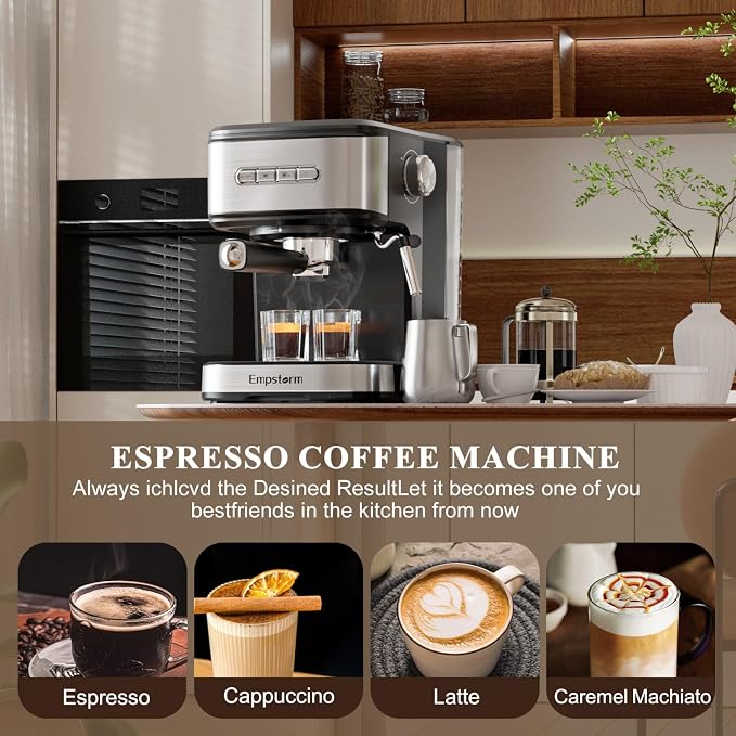 Empstorm 20 Bar Espresso Machine, Cappuccino Machines with Milk Frother Steam Wand, Stainless Steel Latte Machine for Home&Barista, Automatic Shut-off Function