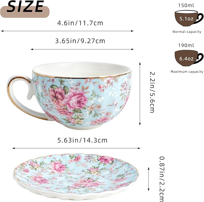 Agyiuns Tea Cup and Saucers, 6.4oz Floral Tea Cups with Gold Trim, Porcelain Teacup, Coffee Cappuccino Espresso Latte Mugs for Party Birthday,Party Cafe Home, Christmas Gift (Blue)