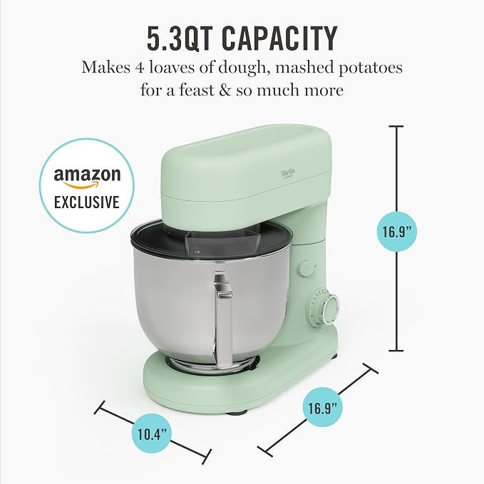 Martha Stewart 5.3Qt Stand Mixer, 12-Speed Tilt-Head Electric Kitchen Mixer with Stainless Steel Bowl, Dough Hook, Whisk & Beater, Splash Guard, Ideal for Baking Bread, Cake & Whipping, Honeydew Green
