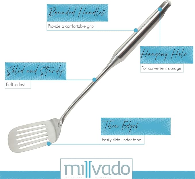 Millvado Stainless Steel Cooking Spatula,15 Inch Metal Turner, Kitchen Slotted Flipper For Grills, Camping BBQ’s, Frying Pancakes, Burgers, Large Cookware For the Professional Chef