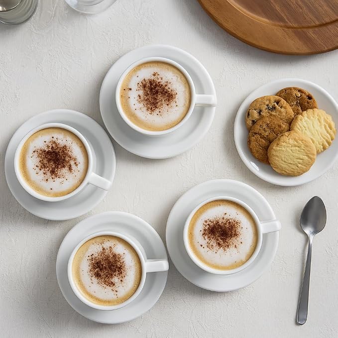 HIC Kitchen Stackable Cappuccino Mug Set, Fine Porcelain, 9-Piece Set, 7-Ounce Service for 4 Plus Storage Stand