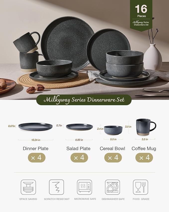 Famiware Milkyway Stoneware Dinnerware Sets with Mugs, Service for 4 (16 Pieces), Reactive Glaze Plates and Bowls Sets, Microwave and Dishwasher Safe Dishes Set, Matte Dark Charcoal