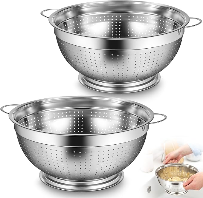 Maxdot 2 Pack 8 Quart Heavy Duty Stainless Steel Colander with Footed Base and Handles Pasta Spaghetti Berry Fruit Vegetable Kitchen Food Strainer Basket