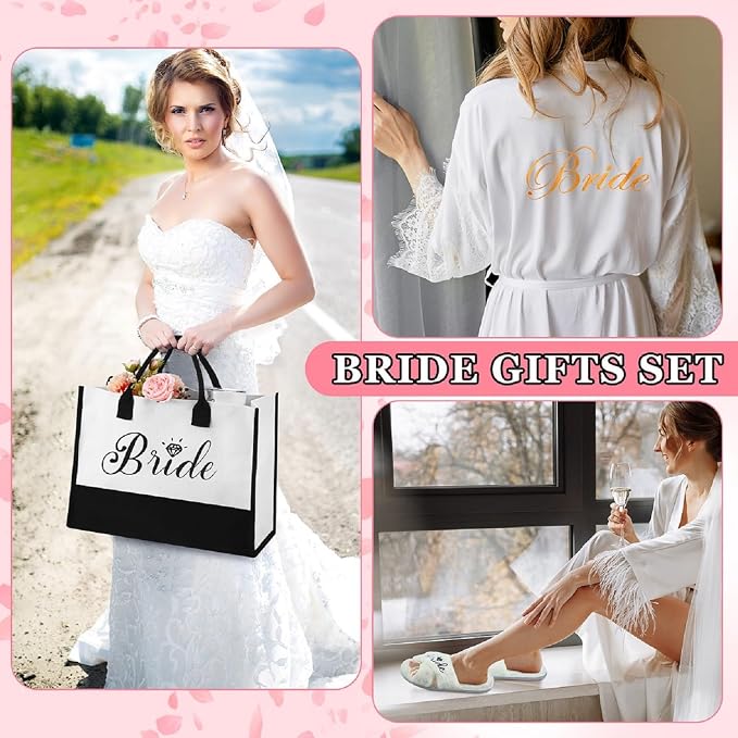 JaGely 9 Pcs Bride to Be Gifts Set Bridal Shower Bachelorette Wedding Gifts with Robe Slippers Tumbler Tote Bag & Bridal Kit