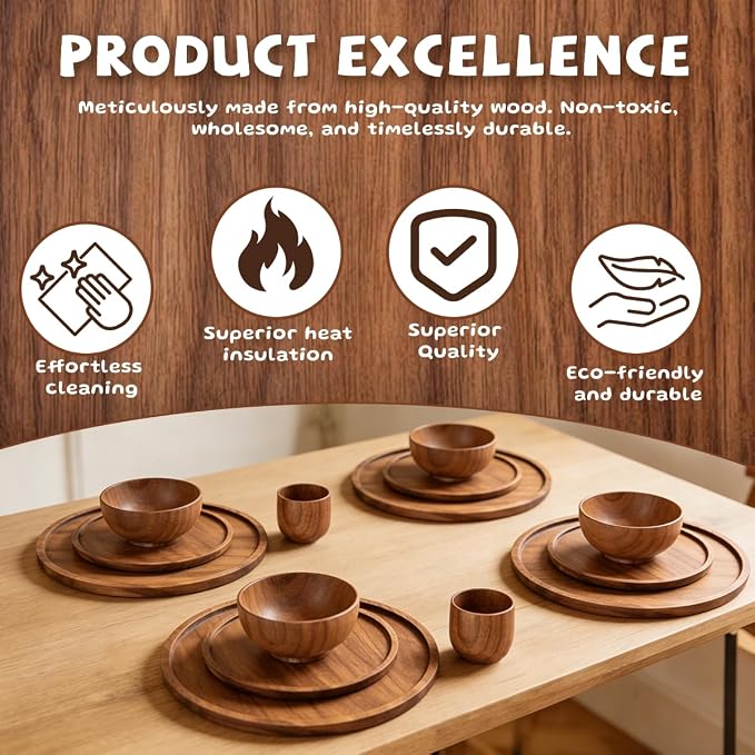 Wood Dinnerware Set,8 Inch 10 Inch Round Plates,Bowls and Cups,16 Pcs | 4 Person Wooden Dinner Ware Set,for Meals,Snacks and Desserts