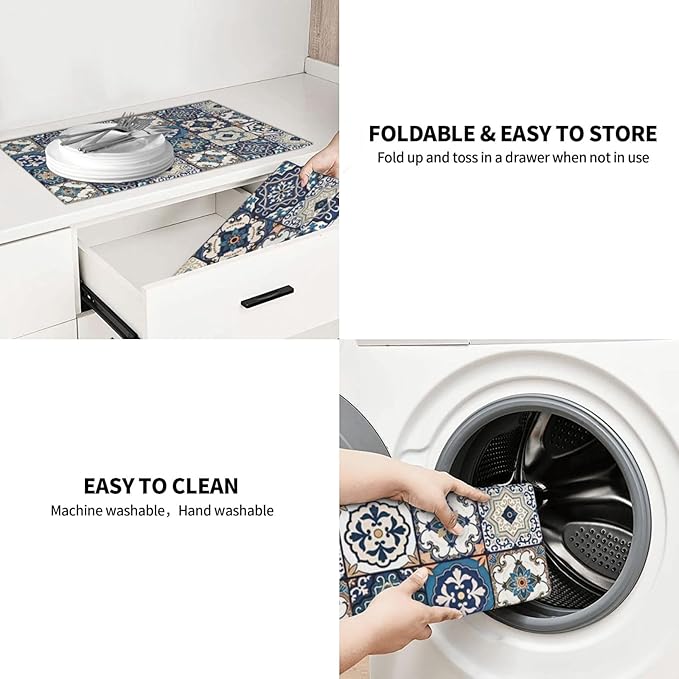 2Pcs Dish Drying Mats Faucet Mats Sets Large Size Coffee Mats Sink Faucet Mat Splash Guard for Kitchen Counter Bathroom Sink Coffee Bar Kitchen Decor (Blue Boho, 18"x24" 15" x 5.5"Set)