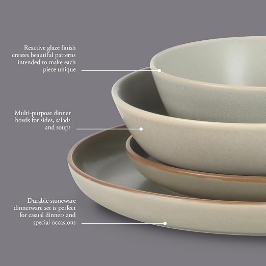 Gibson Elite Laguna Bliss 16 Piece Stoneware Reactive Glaze (Service for 4) Ceramic Plates and Bowls Dinnerware Set - Matte Green W/Terracotta Bottom