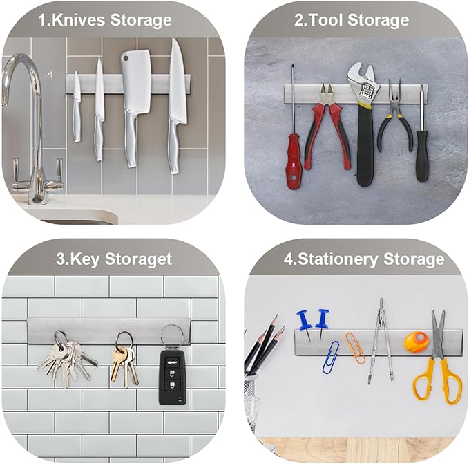 Ninonly 10 Inch Magnetic Knife Strip, Premium Stainless Steel Wall Mounted Kitchen Knives Bar,Space-Saving Powerful No Drilling Magnetic Knife Rack for Home Kitchen Utensil Holder & Tool Holder