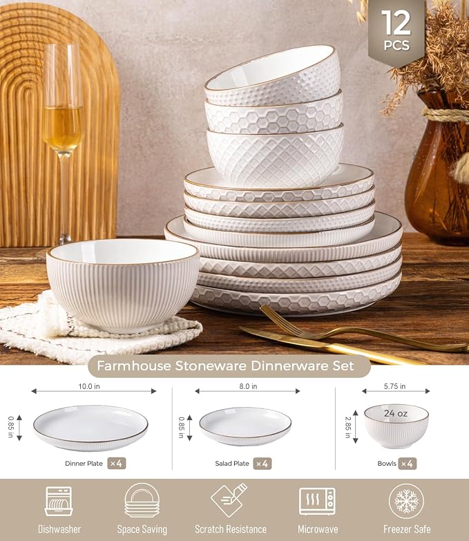 GBHOME Dinnerware Sets for 4, Farmhouse Style Stoneware Plates and Bowls Sets, 12 Pieces Embossed Scratch Resistant Dishes, Dishwasher & Microwave Safe, Off-White