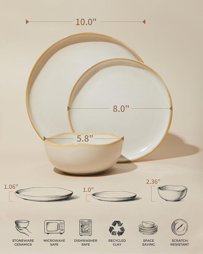 Pokini Ceramic Plates and Bowls Set, Everyday Dinnerware Set for 4, Wavy Rim Kitchen Dish Set, Chip Resistant Dishware Sets, Dishwasher Safe Dinner Set, Designed for Simple Meals, Yellow White