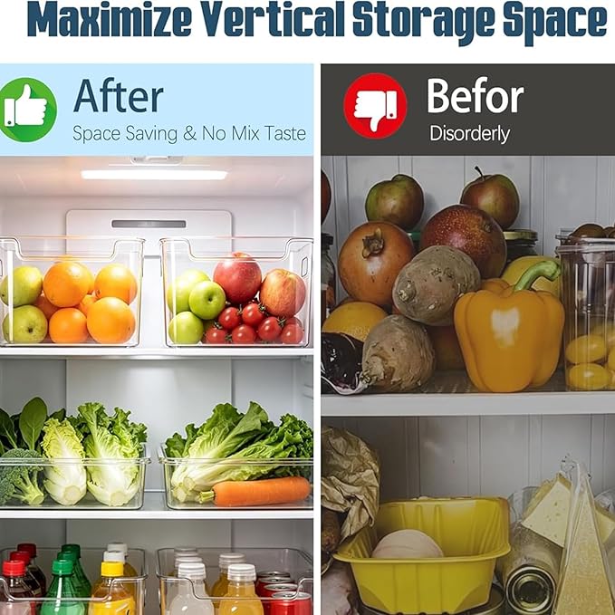 Clear Freezer Storage Bins, 4 Pack Clear Plastic Bins for Refrigerator and Pantry, Stackable Kitchen Cabinet Organizer with Handles for Kitchen, Office, Closet, Freezer organization (2*S)
