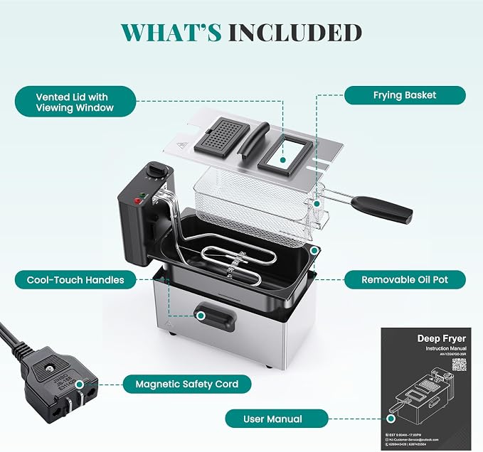 OLIXIS Deep Fryer for Home Use, Small Electric Fryer with 3 Liter Capacity, 1500W Power, 4 Adjustable Temp, Lid with Viewing Window for Fried Chicken, Shrimp, French Fries, Silver