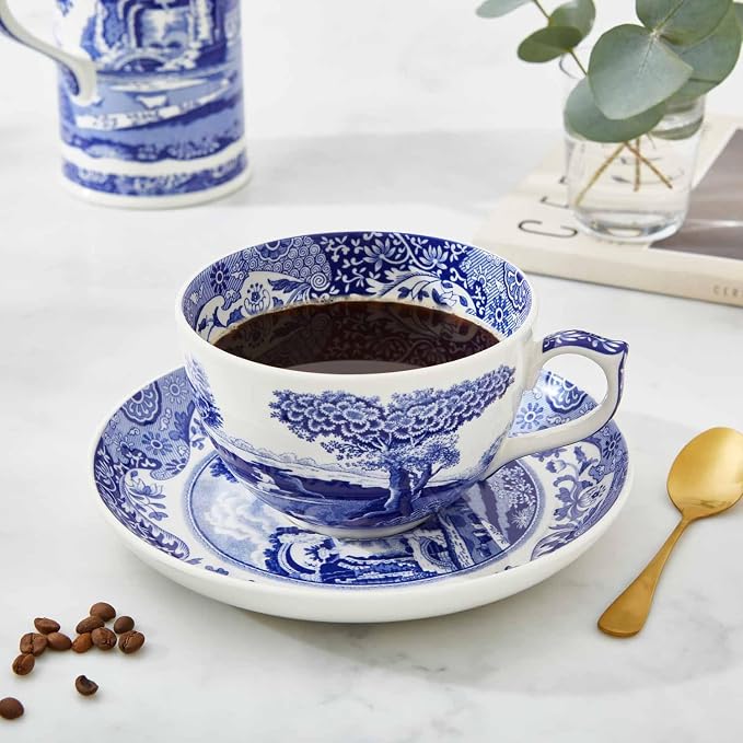 Portmeirion Spode Blue Italian Teacup and Saucer, 20-ounce Capacity, Jumbo Tea Set, Coffee Mug, Cup for Tea, Lattes, Espressos, and Hot Beverages - Blue & White