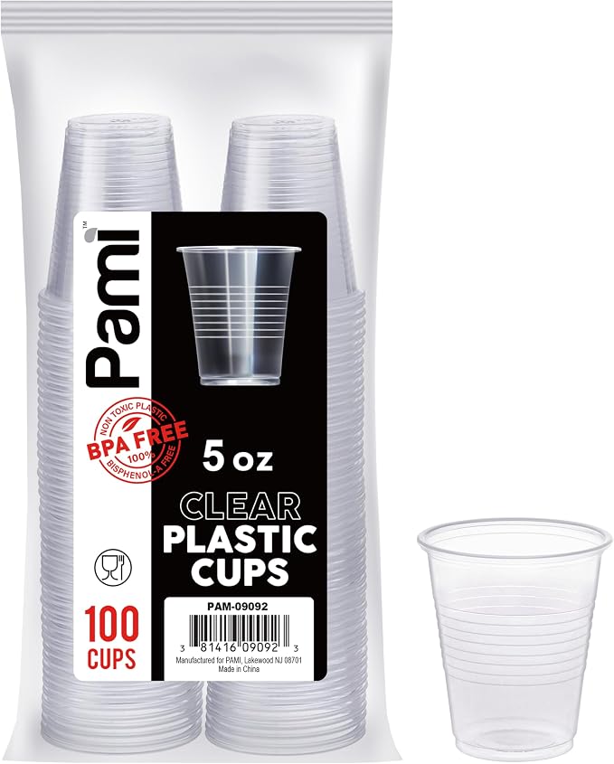 PAMI Disposable Plastic Cups, Bpa- Drinking Glasses for Parties, Cold Drinks, Smoothies, Jello, Cocktails (5 Oz - Pack of 100)