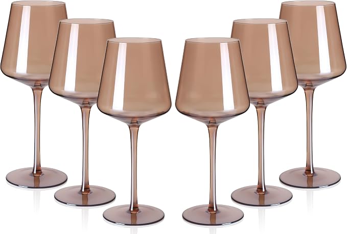 comfit Colored Wine Glasses Set of 6-16oz Smokey Sand Wine Glasses with Tall Long Stems and Flat Bottom,Crystal Amber Wine Glasses-Unique Gifts for Wine Lovers,Wedding,Engagement Gifts(Smokey Sand)