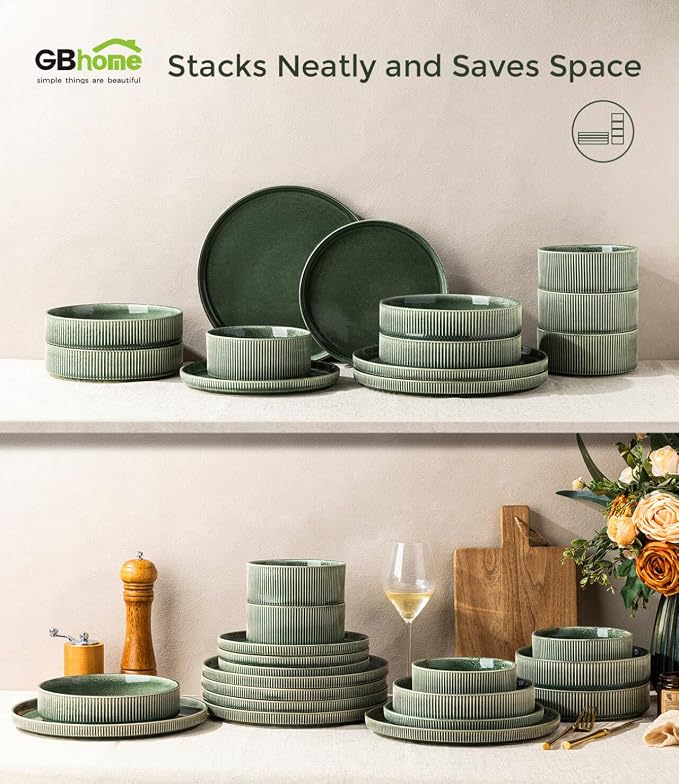 GBHOME 12-Piece Stoneware Dinnerware Set for 4 – Ribbed Ceramic Plates and Bowls, Scratch-Resistant, Microwave & Dishwasher Safe, Reactive Glaze, Dark Green