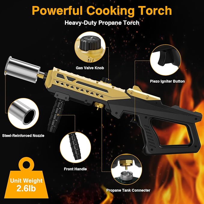 Sondiko Powerful Cooking Propane Torch Gun, Culinary Torch Campfire Starter, Adjustable Weed Torch Burner for Searing Steak, BBQ, Welding (Gold & Black) Propane Tank Not Included