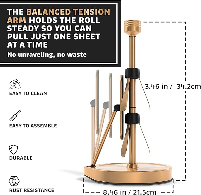 Stainless Steel Tension Arm Paper Towel Holder - Easy One-Handed Operation - This Sturdy Weighted Paper Towel Dispenser Countertop Model Has Suction Cups and Holds All Paper Towel Rolls (Gold)