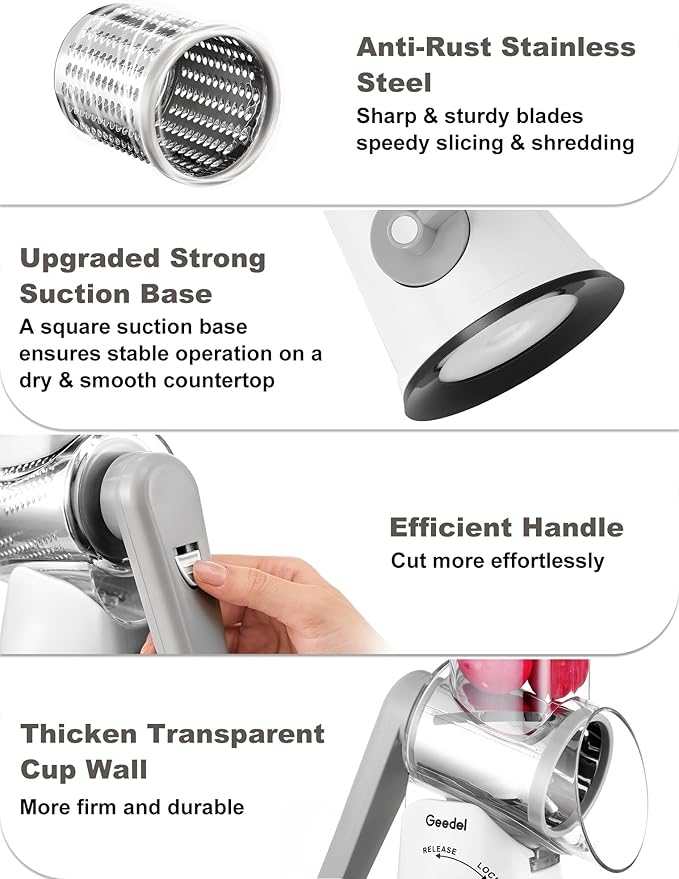 Geedel Rotary Cheese Grater Cheese Shredder - Upgraded 6-in-1 Cheese Grater with Handle and Strong Suction Base, Multi-purpose Vegetable Slicer Ice Shaver Nuts Grinder for Ice, Vegetables, Fruit