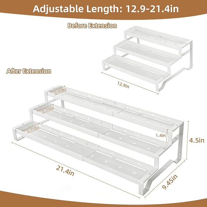 SANKEU Expandable Spice Rack Organizer for Cabinet 3 Tiered Metal Seasoning Organization with Guardrails Spice Shelf Storage for Jars Adjustable Length 13"-21" White 1Pack
