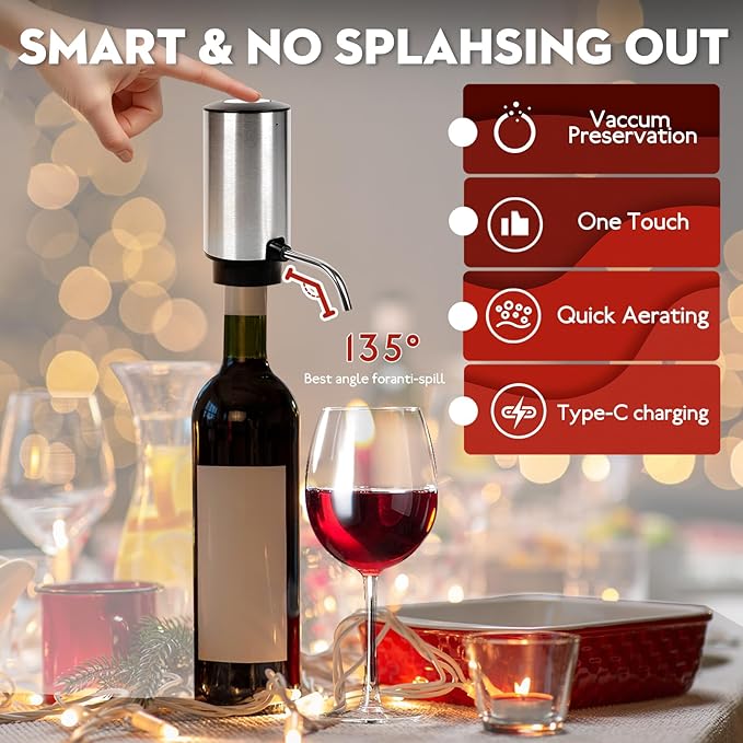 Electric Wine Aerator Pourer Automatic Wine Dispenser Pump with Retractable Tube for One-Touch Instant Oxidation Smart Wine Aerator Decanter for Travel/Home