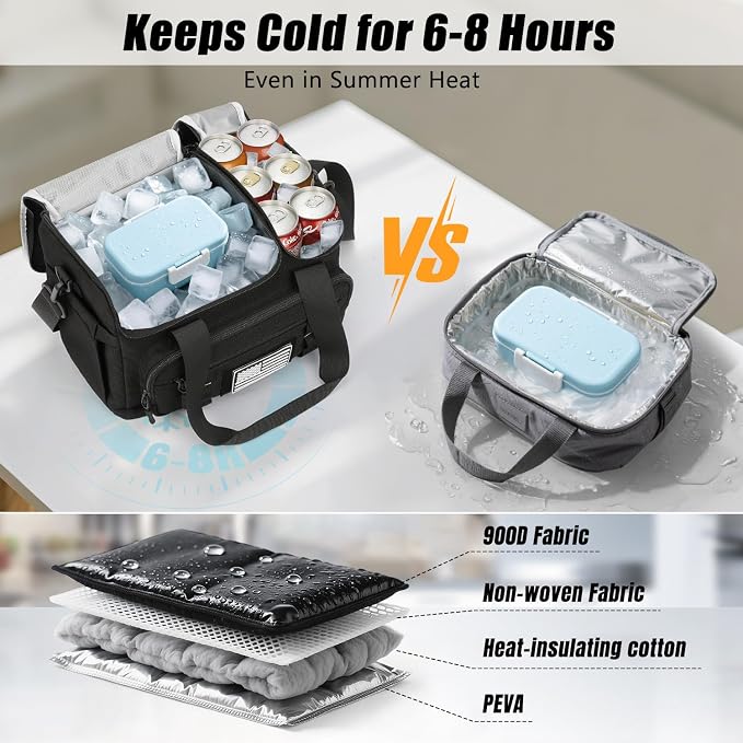 ETRONIK Tactical Lunch Box for Men, 20L Insulated Lunch Bag with Hot/Cold Compartments, Men's Lunch Box Fits 4 Meals + Snacks, Adult Lunch 8H Cooler Bags for Work, Hiking, Beach, Gym, Black