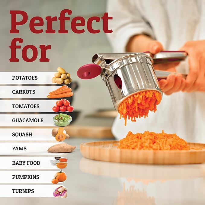 PriorityChef Large 15oz Potato Ricer With 3 Discs, Heavy Duty Stainless Steel Potato Ricer for Mashed Potatoes, Potato Masher, Press and Ricer Kitchen Tool, Red