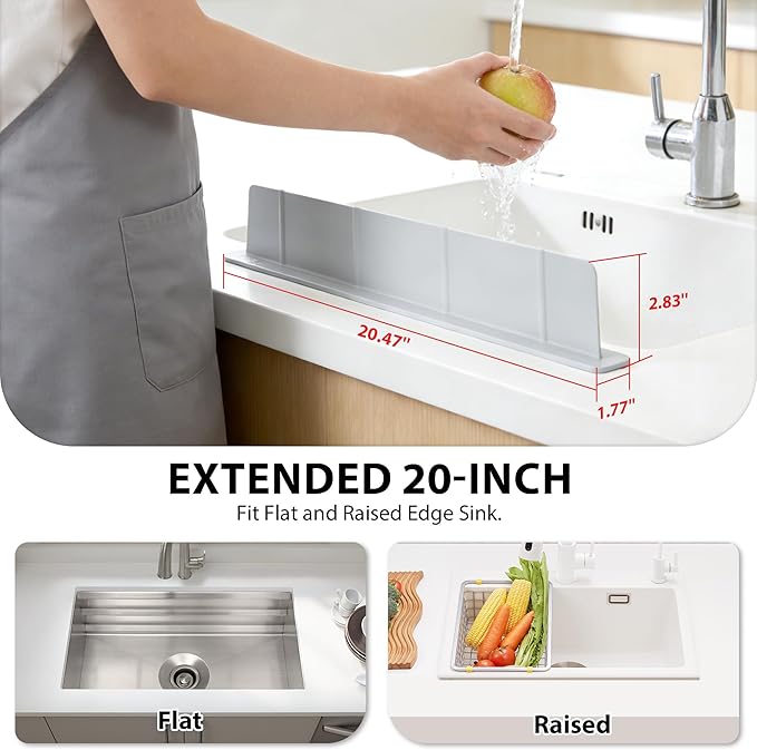 20Inch Silicone Sink Splash Guard with Strong Suction Cups, Flexible Kitchen Sink Splash Guard for Front/Back of Sink, Easy to Clean Splash Guard for Kitchen & Bathroom (Grey, 20.5''x2.8'')