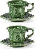 KAMMAK Tea Cups and Saucers Set of 2, Porcelain Coffee Cups, 6-Ounce Stackable Espresso Mugs, Ceramic Demitasse for Coffee, Latte, Americano, Tea, Retro Green