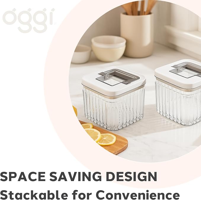Oggi Airtight Clear Fluted Canister Set of 6 - Stackable Food Storage Containers with Lids, Vintage Modern Farmhouse Style, Kitchen Counter & Pantry Organization, Size - 6 x 40.5 fl oz / 1.2 Lt