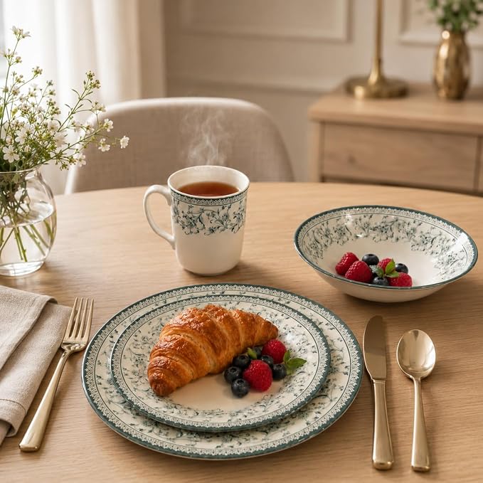 Tudor Royal 24-Piece Round Dinnerware Set, Service for 6, Aster Green Design, Red Floral, Plates Bowls Mugs Dishes, High Gloss Premium Quality